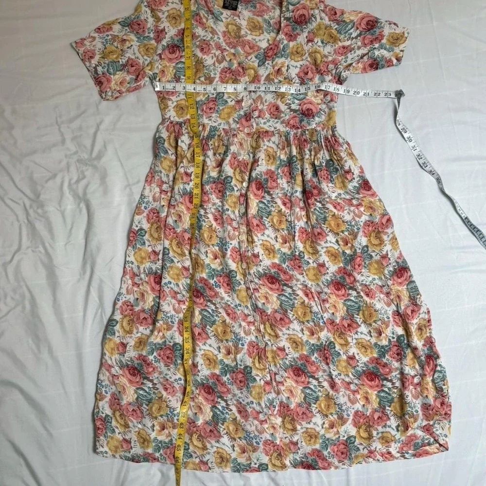 Pink, Green, Cream Rayon Floral Button Down Pleated Dress Revue Small VTG 90s - Picture 6 of 8